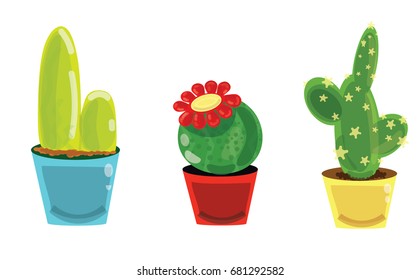 Little cute cartoon cacti. Green cactus set. Vector illustration
