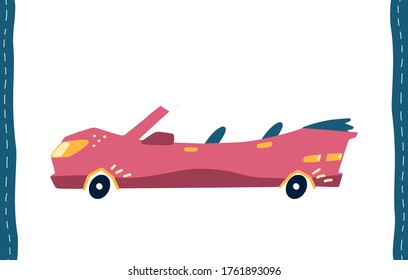 Little cute cartoon car pink cabriolet, illustration isolated on white background. Vector