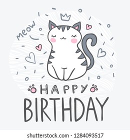 Little cute cartoon cat birthday greeting card vector illustration.