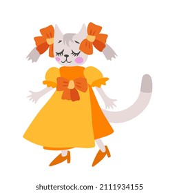 Little cute cartoon cat with bows in an orange dress isolated on a white background. Print on children's clothes, dishes. Symbol of the Chinese New Year. 2023.