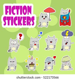 Little cute cartoon cat sticker set. Emoticon design collection for social media. Vector