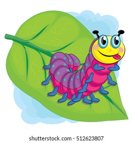 Little cute cartoon caterpillar on a leaf. Bright vector illustration for children