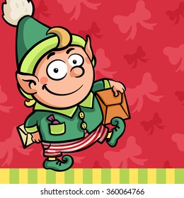 Little cute cartoon Christmas New Year Elf character with present post box and letter in green outfit and striped pants on red pink background with bow knot