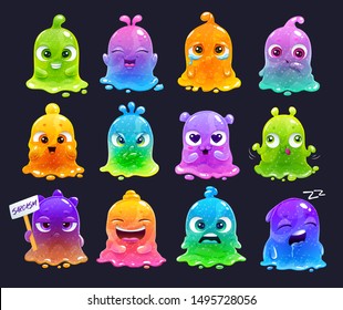 Little cute cartoon colorful glitter slime characters set. Jelly emoji set. Vector comic slimy aliens stickers.