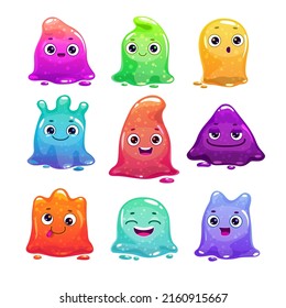 Little cute cartoon colorful glitter slime characters set. Jelly emoji set. Vector comic slimy aliens stickers.