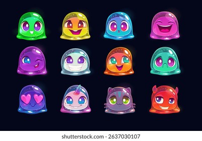Little cute cartoon colorful glitter slime characters set. Funny jelly baby monsters, emoji set. Group of comic slimy aliens. Multicolored assets for game design.