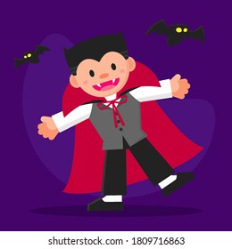 little cute cartoon Dracula kid with bat flying around. Young boy smiling with a vampire costume. Vector flat graphic illustration for Halloween.
