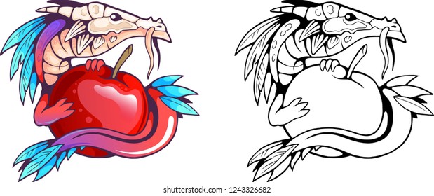 little cute cartoon dragon with an apple in its paws, funny illustration
