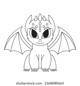 Pequeño tierno dragón de dibujos animados. Ilustración vectorial. Ilustración en blanco y negro para un libro de colores