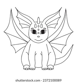 Pequeño tierno dragón de dibujos animados. Ilustración vectorial. Ilustración en blanco y negro para un libro de colores