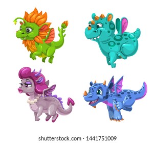 Little cute cartoon dragons set. Colotful fantasy monsters. Vector illustration.