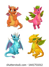 Little cute cartoon dragons set. Colotful fantasy monsters. Vector illustration.