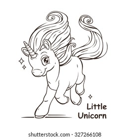 Little cute cartoon fantasy unicorn, contour vector illustration