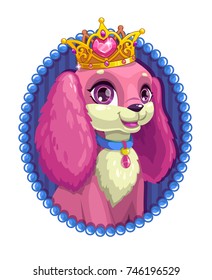 Little cute cartoon fluffy dog portrait. Vector puppy princess with golden crown on the head.