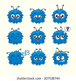 Little cute cartoon fluffy monster with different emotions