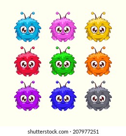 Little cute cartoon fluffy monster in different colors