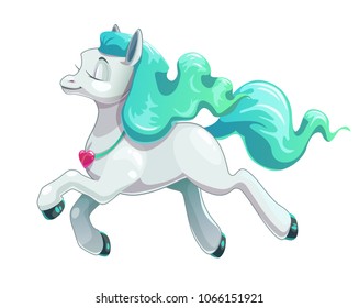 Little cute cartoon flying white horse icon. Beautiful princess pony  with long blue hair. Pretty girlish print template. Isolated vector illustration on white background.