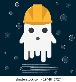 Little cute cartoon ghost in a construction helmet on a dark background. Can be used as a sticker. Vector in EPS10.