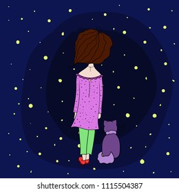 little cute cartoon girl with cat