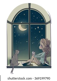 little cute cartoon girl with cat