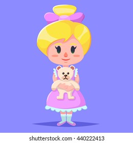 Little cute cartoon girl holding bear stuff vector
