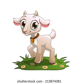 Little cute cartoon goat on the grass, isolated illustration on the white background