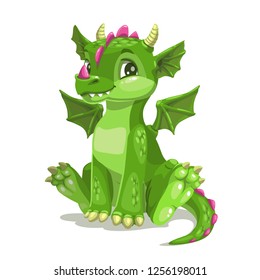 Little cute cartoon green baby dragon. Funny fantasy monster icon. Vector illustration, isolated on white.