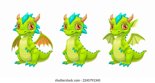 Little cute cartoon green baby dragon, different variations of wings, horns and tail. Funny fantasy character, young mythical reptile monster, isolated on white background.