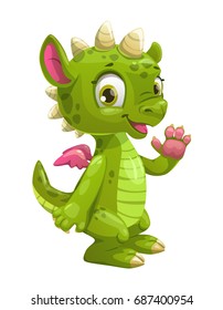 Little cute cartoon green dragon. Vector icon, isolated on white background.