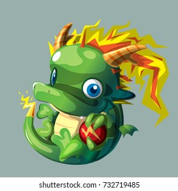 Little cute cartoon green dragon. Vector icon, isolated on gray background.