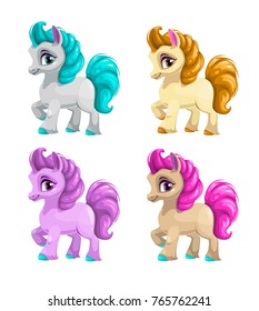 Little cute cartoon horse, deferent color variations. Vector pony icons set. Isolated on white background.