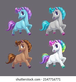 Pequeños adorables iconos de caballos de dibujos animados. Hermoso juego de poni de hada. Ilustración vectorial para el diseño de impresión femenina.