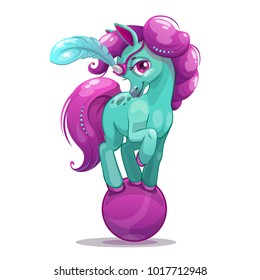 Little cute cartoon horse on the ball. Pretty blue pony with purple hair. Vector illustration.