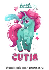 Little cute cartoon horse with pink hair, isolated on white background. Pretty trendy t shirt design template. Pony print for girlish textile design. Vector childish illustration.