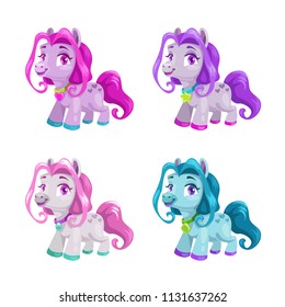 Little cute cartoon horses set. Pony princess toys collection. Isolated vector icons on the white background.