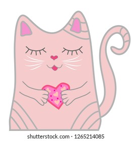 Little cute cartoon kitten. Funny pink cat closed his eyes and holds a heart in his paws. Cute girl concept