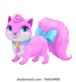 Little cute cartoon kitty princess. Vector adorable kitten icon. Fancy pink cat illustration.