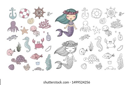 Little cute cartoon mermaid, funny fish, starfish, bottle with a note, algae, various shells and crab. Sea theme. Illustration for coloring books. Monochrome and colored versions.