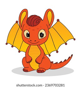 Little cute cartoon orange dragon with wings. Funny fantasy character, young mythical reptile monster. Vector illustration isolated on white background