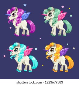 Little cute cartoon pegasus icons set. Beautiful fantasy pony. Pretty girlish vector illustration for girls t shirt print design.
