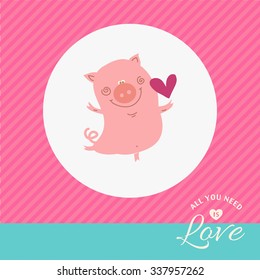 little cute cartoon pig with a big love and hot heart color happy cute love pink emotion vacation kid female face child hilarious girl woman holiday pig attraction smile red funny animals elegant lady
