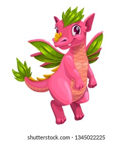 Little cute cartoon pink dragon. Kind monster icon. Isolated vector illustration.