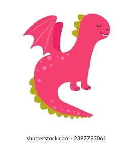 Little cute cartoon pink dragon. Vector illustration