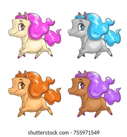 Little cute cartoon pony icons. Different color variations. Isolated vector horse on white background.