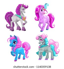 Little cute cartoon pony princess set. Vector beautiful horses icons. Isolated on white background.