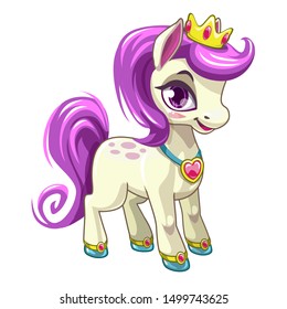 Little cute cartoon pony princess. Pretty horse with purple hair. Beautiful print for girls t-shirt design. Isolated vector icon.