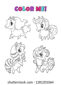 Little cute cartoon pony set. Outline horses icons for coloring book page. Vector black and white childish illustration.