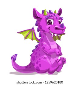 Little cute cartoon purple baby dragon. Funny fantasy monster icon. Vector illustration, isolated on white.