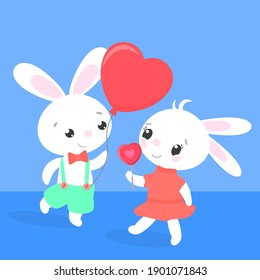 Little cute cartoon rabbits boy girl holding red balloon candy lollipop heart shape valentine's day