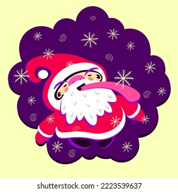 Little cute cartoon Santa Claus catches snowflakes with his tongue.  Hand drawn flat style. Christmas merch. Bright colors  modern doodle vector illustration. Isolated on white background. 